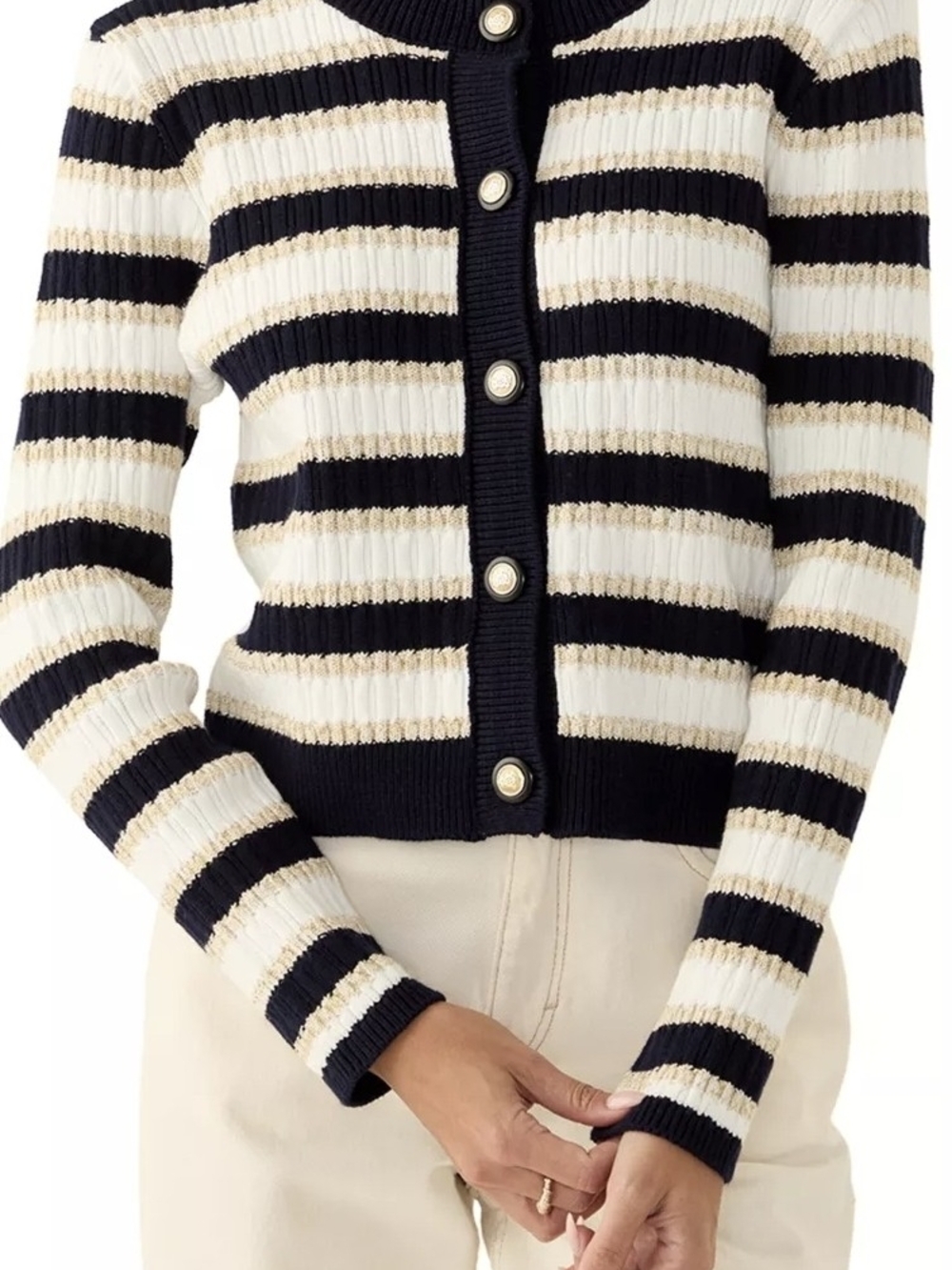 CeCe Black, Cream & Gold Striped Ribbed Crewneck Sweater